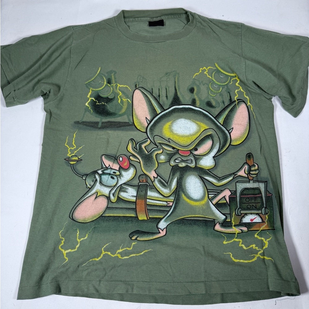 Vintage 1996 Pinky and The Brain T Shirt Men Large Green AOP Graphic Cartoon Tee